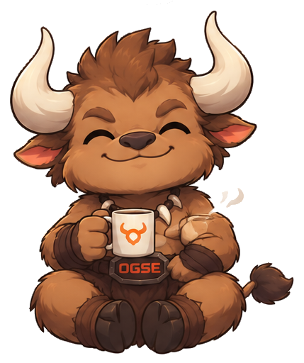 Das OGSE-Maskottchen mit einer Tasse Kaffee